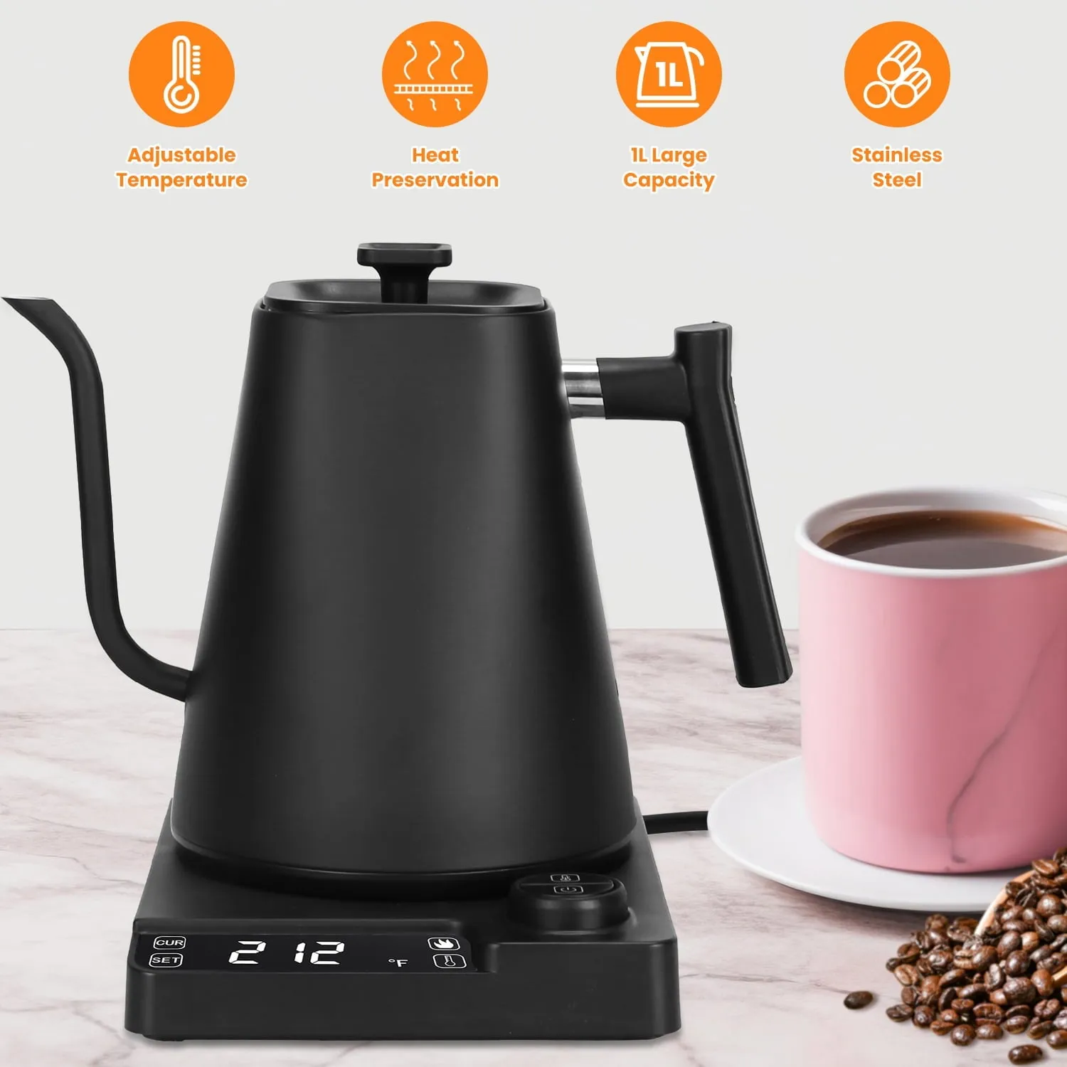 1L/33.8OZ Electric Gooseneck Kettle iMounTEK 1200W Stainless Steel Electric Kettle wirh 24H Timer Auto Shut-Off for Pour Over Coffee Tea Matte Black