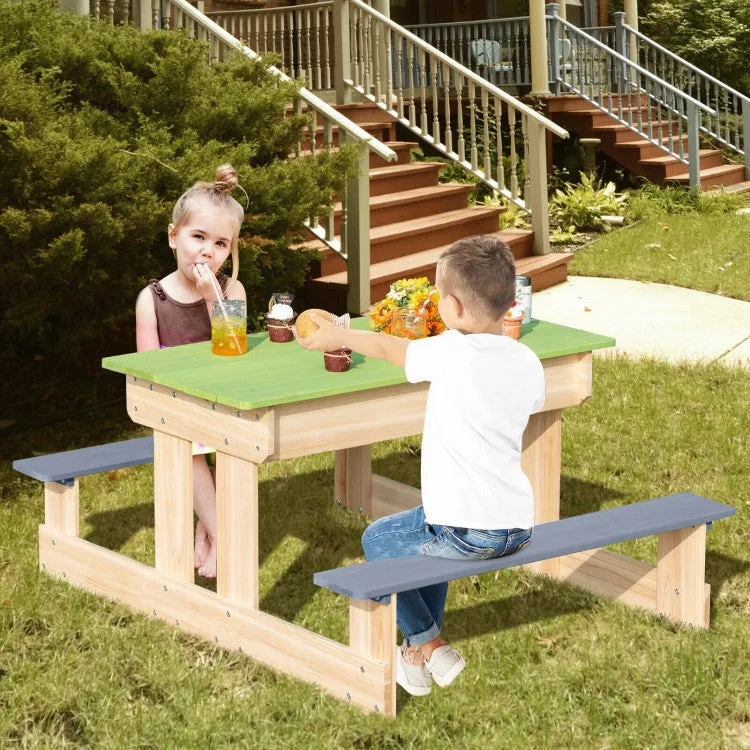 3-in-1 Kids Wooden Picnic Water & Sand Table with Play Boxes - Green & Grey