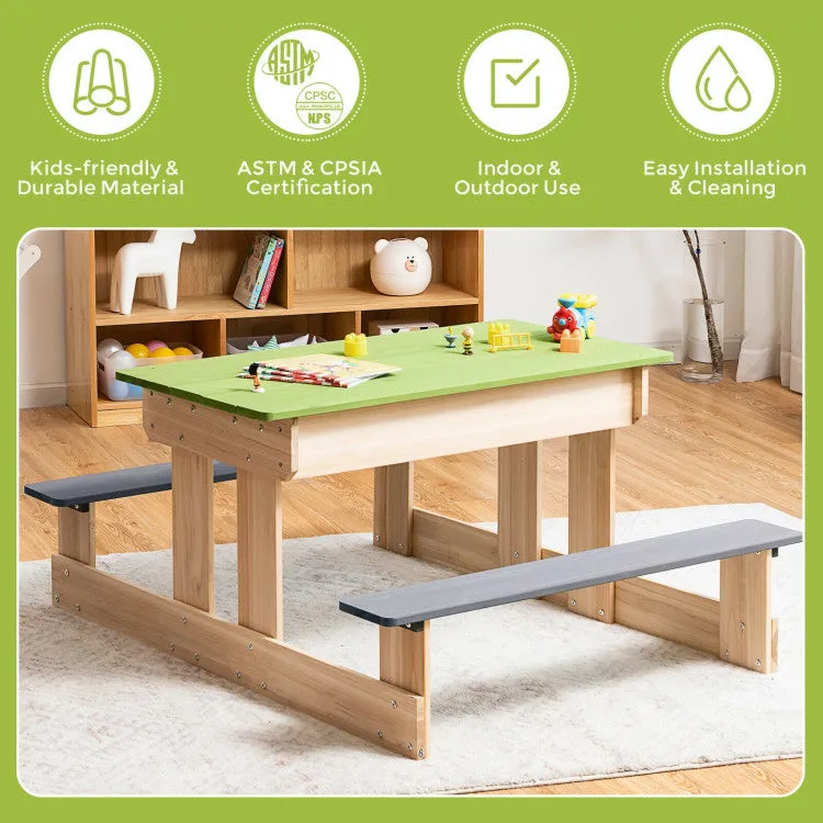 3-in-1 Kids Wooden Picnic Water & Sand Table with Play Boxes - Green & Grey