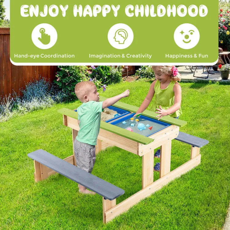 3-in-1 Kids Wooden Picnic Water & Sand Table with Play Boxes - Green & Grey