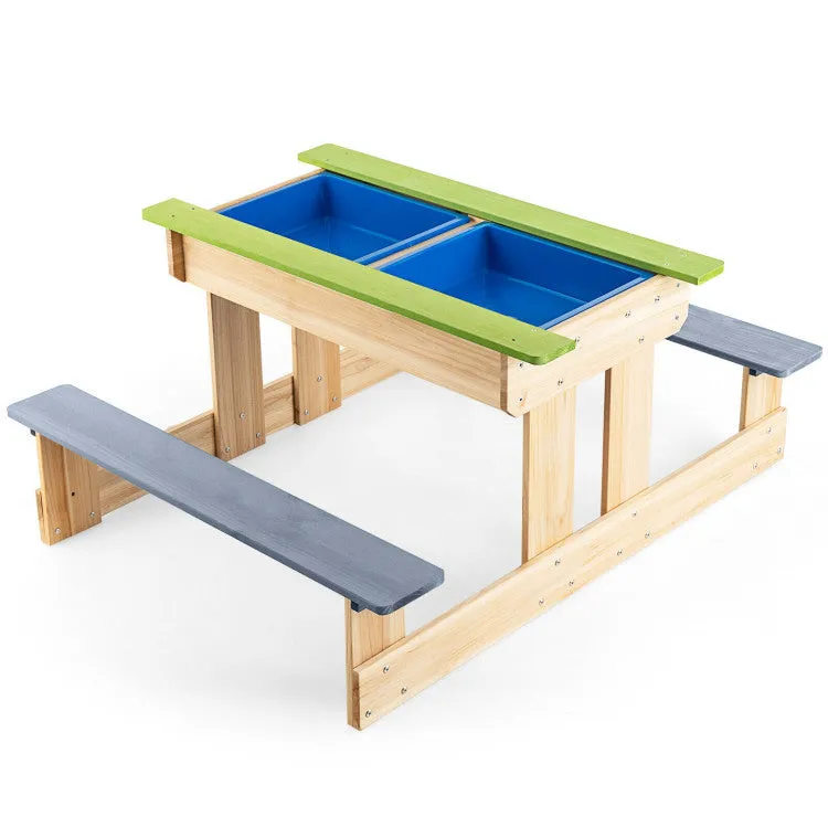 3-in-1 Kids Wooden Picnic Water & Sand Table with Play Boxes - Green & Grey