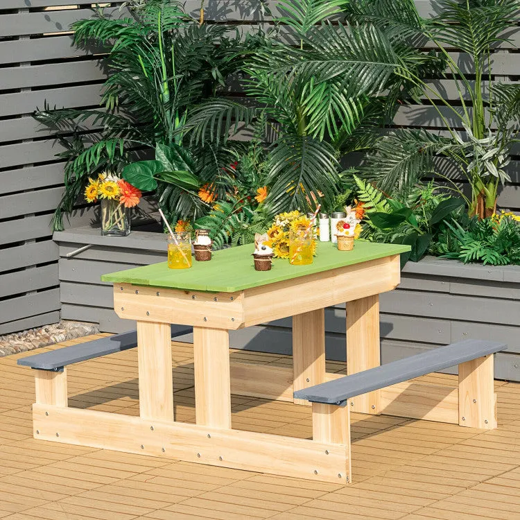 3-in-1 Kids Wooden Picnic Water & Sand Table with Play Boxes - Green & Grey