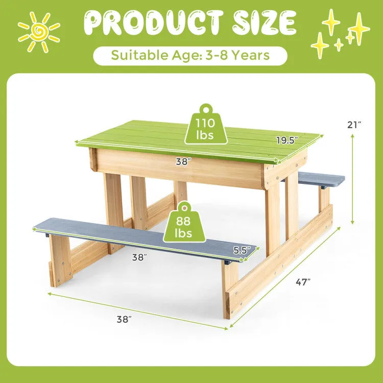 3-in-1 Kids Wooden Picnic Water & Sand Table with Play Boxes - Green & Grey