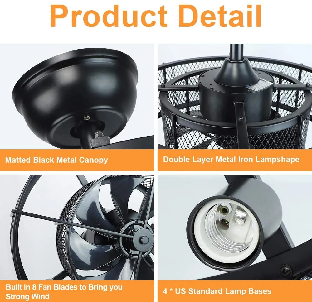 4-Light Matte Black Metal Caged Farmhouse Remote Ceiling Fan Light, Industrial Vintage Chandelier Fan With 8 Invisible Blades