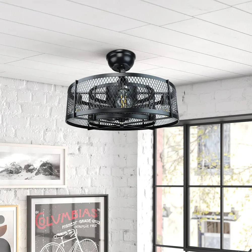 4-Light Matte Black Metal Caged Farmhouse Remote Ceiling Fan Light, Industrial Vintage Chandelier Fan With 8 Invisible Blades