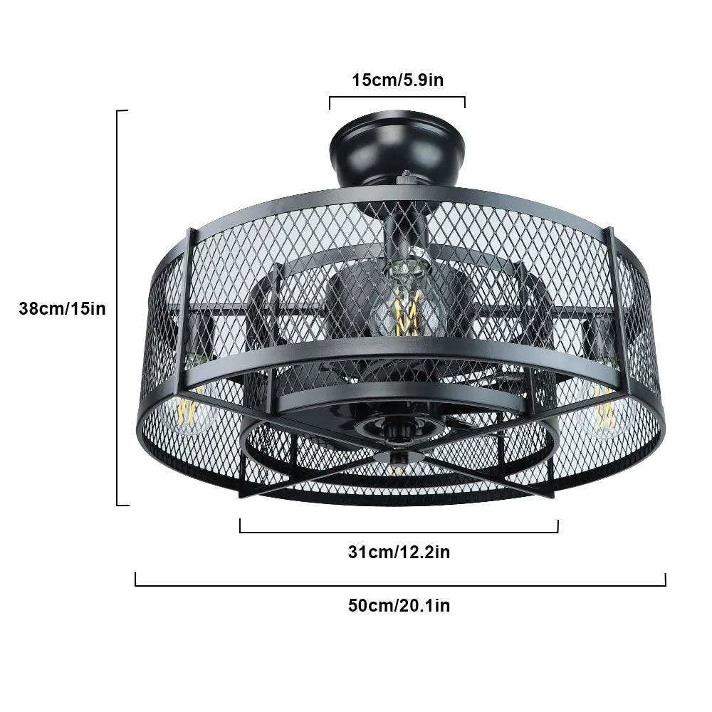 4-Light Matte Black Metal Caged Farmhouse Remote Ceiling Fan Light, Industrial Vintage Chandelier Fan With 8 Invisible Blades