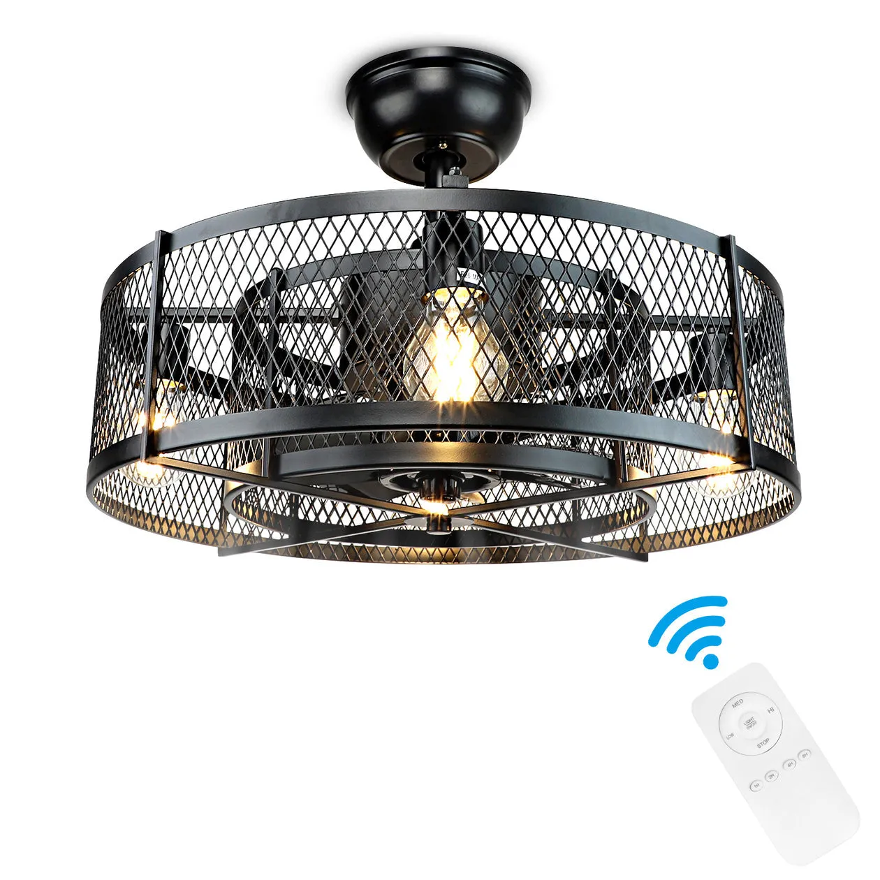 4-Light Matte Black Metal Caged Farmhouse Remote Ceiling Fan Light, Industrial Vintage Chandelier Fan With 8 Invisible Blades