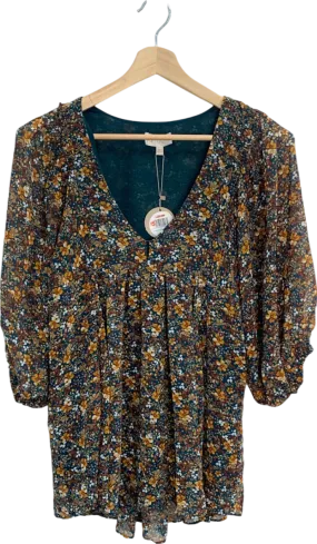 Apricot Green Floral Volume Sleeve Chiffon Tunic UK XS