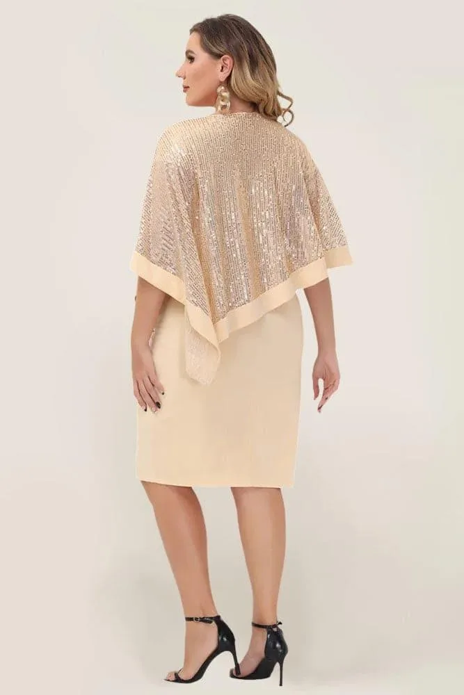 Apricot Sequined Capelet Decorated Scoop Neck Bodycon Dress