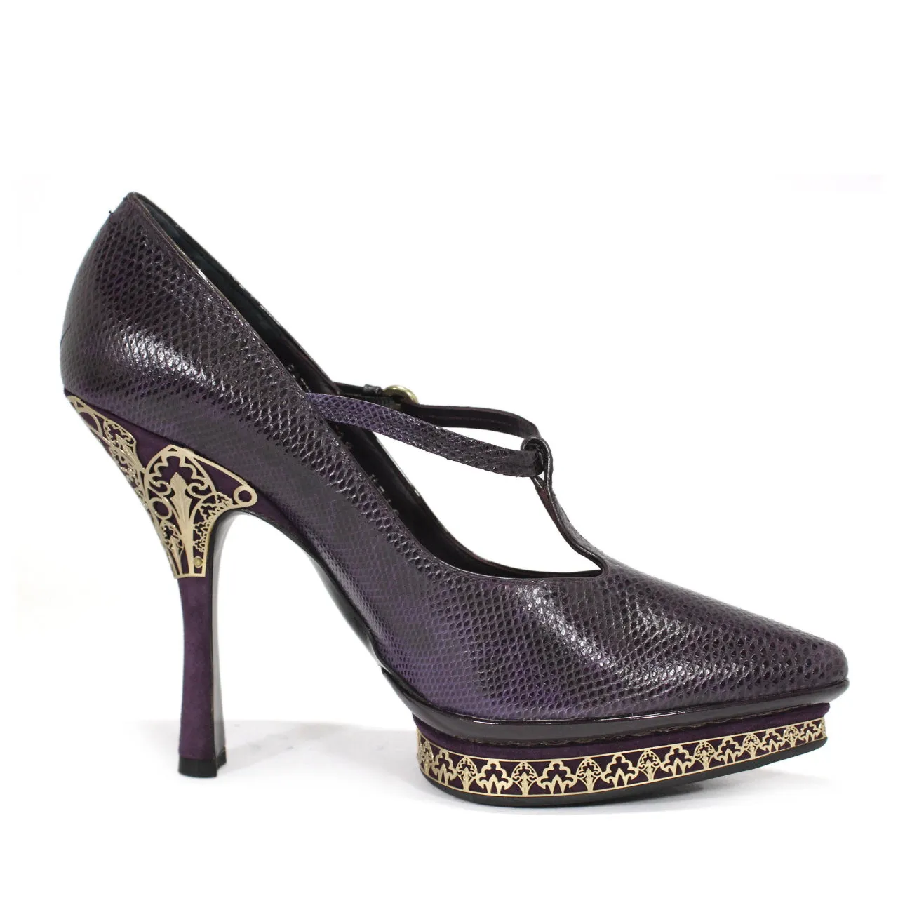 Bally Pattys Purple Pointed-Toe Flare Heel Pumps With T-Strap