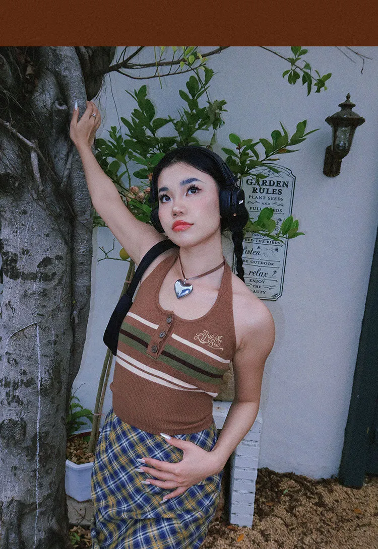 BeerBro American Striped Halter Button Up Cropped Top