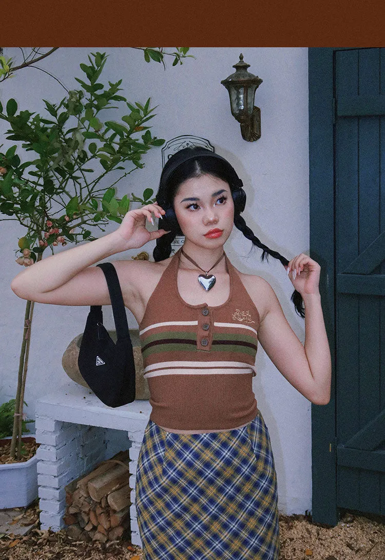 BeerBro American Striped Halter Button Up Cropped Top