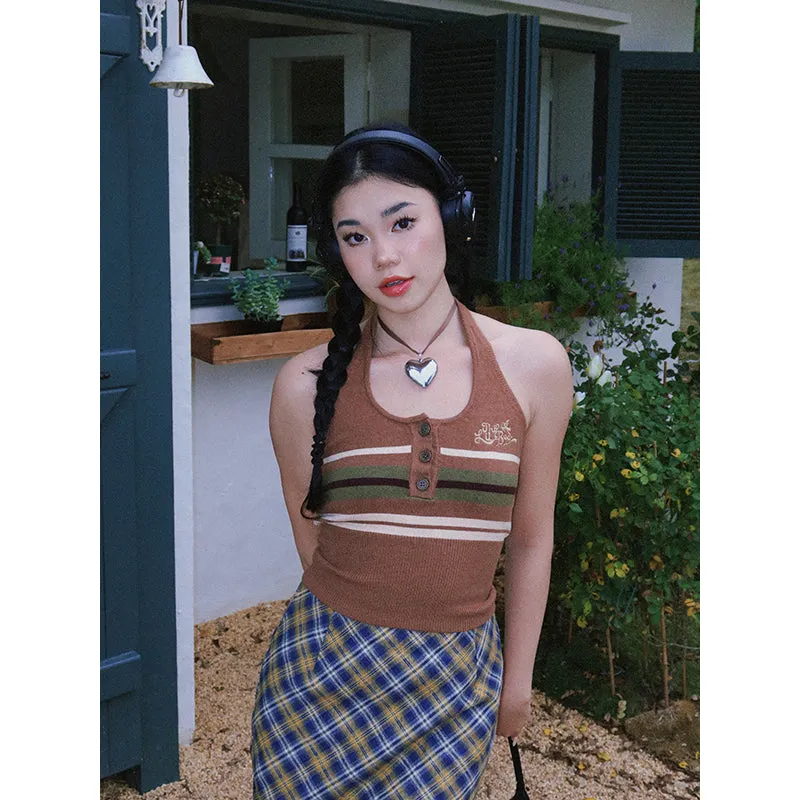 BeerBro American Striped Halter Button Up Cropped Top