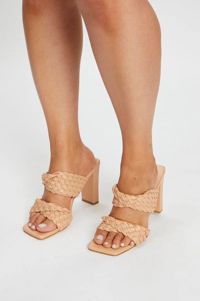 Beige Woven Square Toe Heels