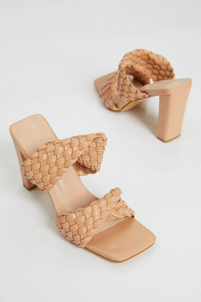 Beige Woven Square Toe Heels