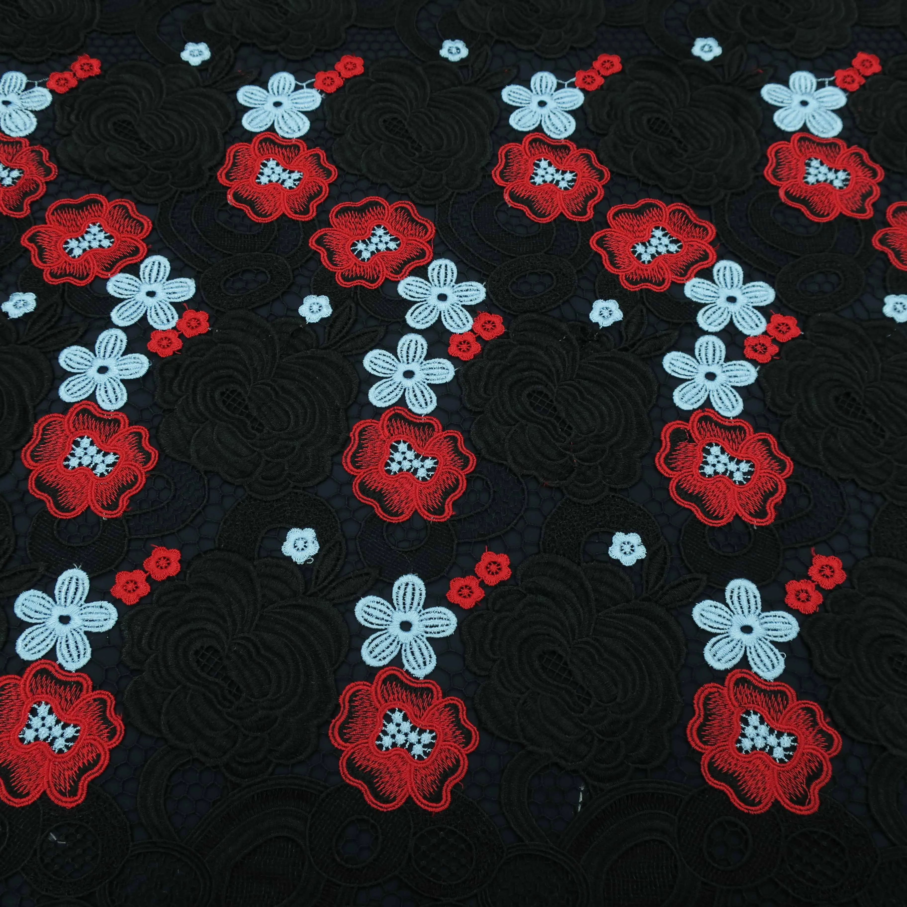 Black Corded with Upsdell Red and Light Blue Floral Design Guipure Lace