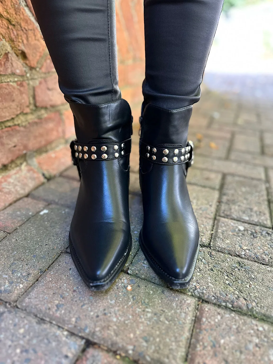 Black Faux Leather Studded Ankle Boots