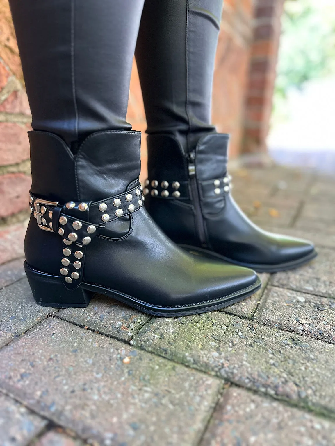 Black Faux Leather Studded Ankle Boots