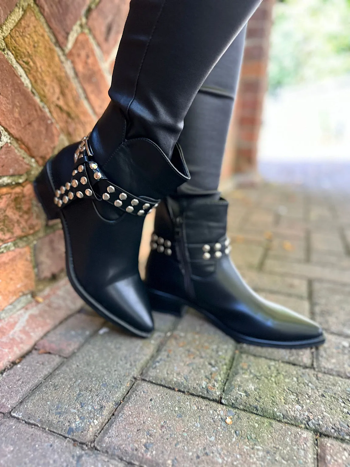 Black Faux Leather Studded Ankle Boots