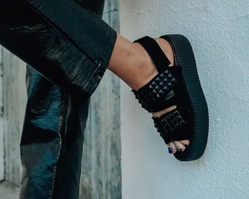 Black Suede Velcro Studded Sandal