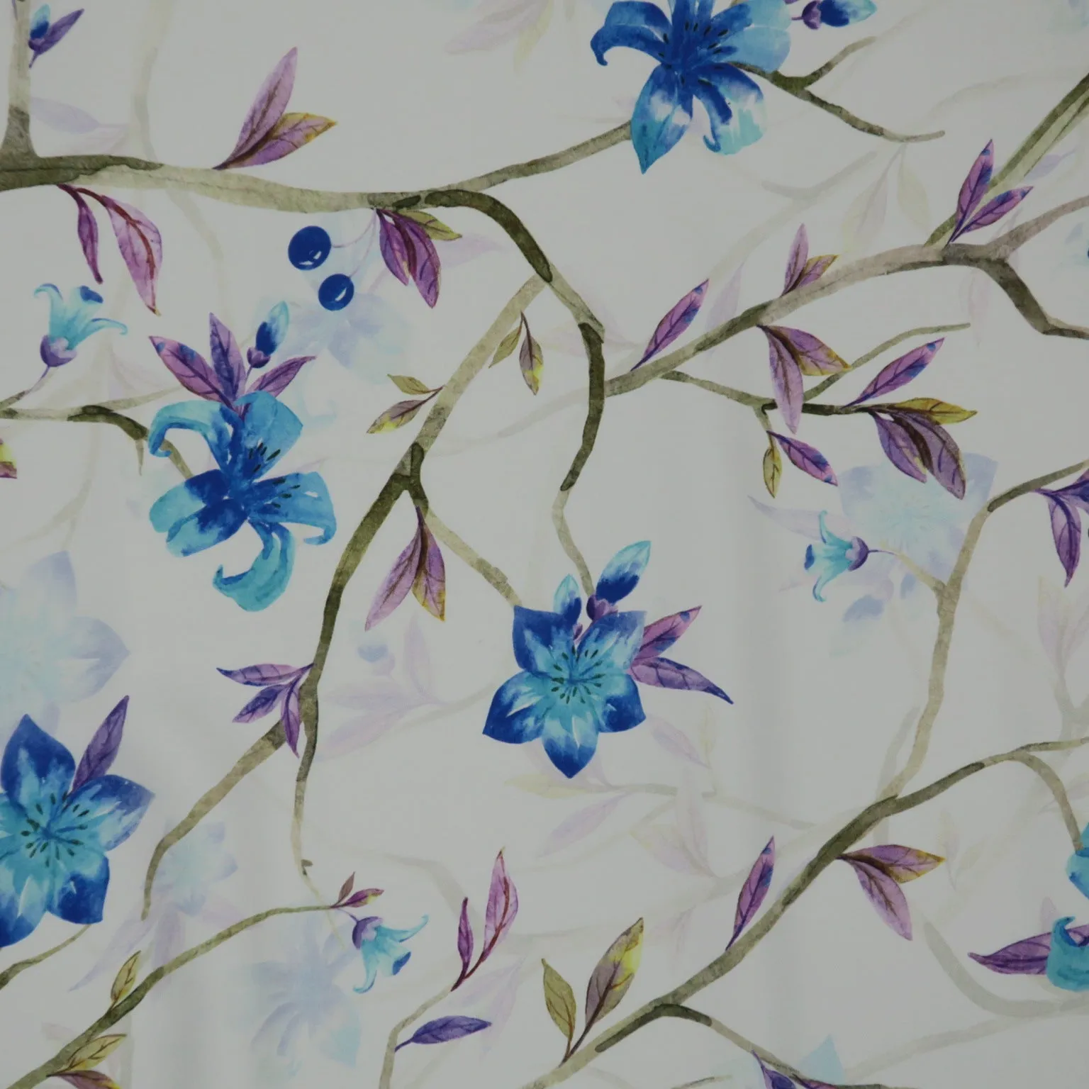 Blue Flowers on White Background Charmeuse Polyester Fabric