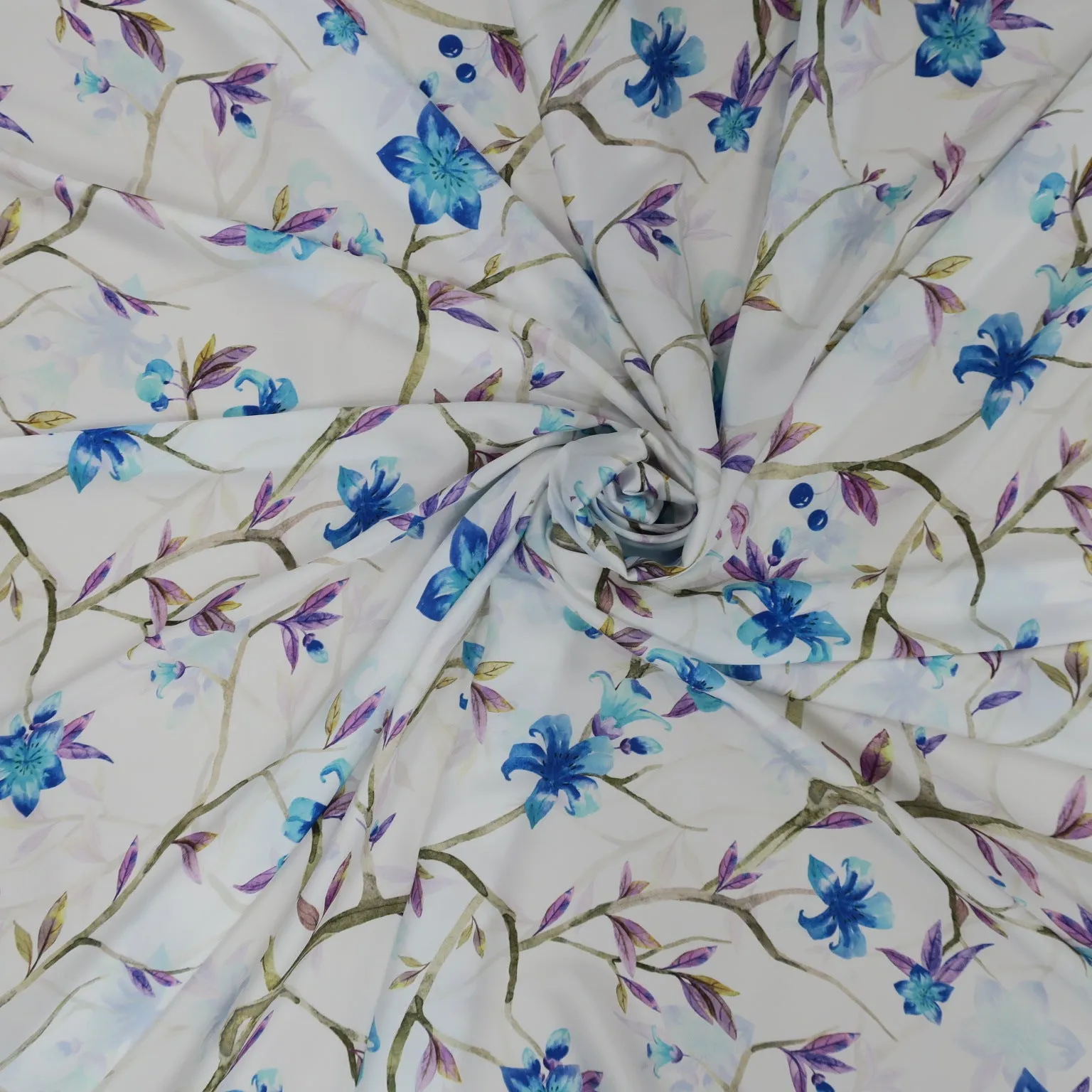 Blue Flowers on White Background Charmeuse Polyester Fabric