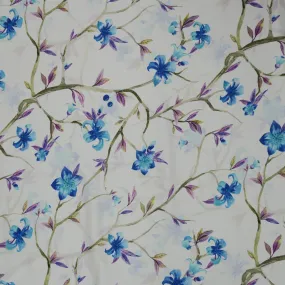 Blue Flowers on White Background Charmeuse Polyester Fabric