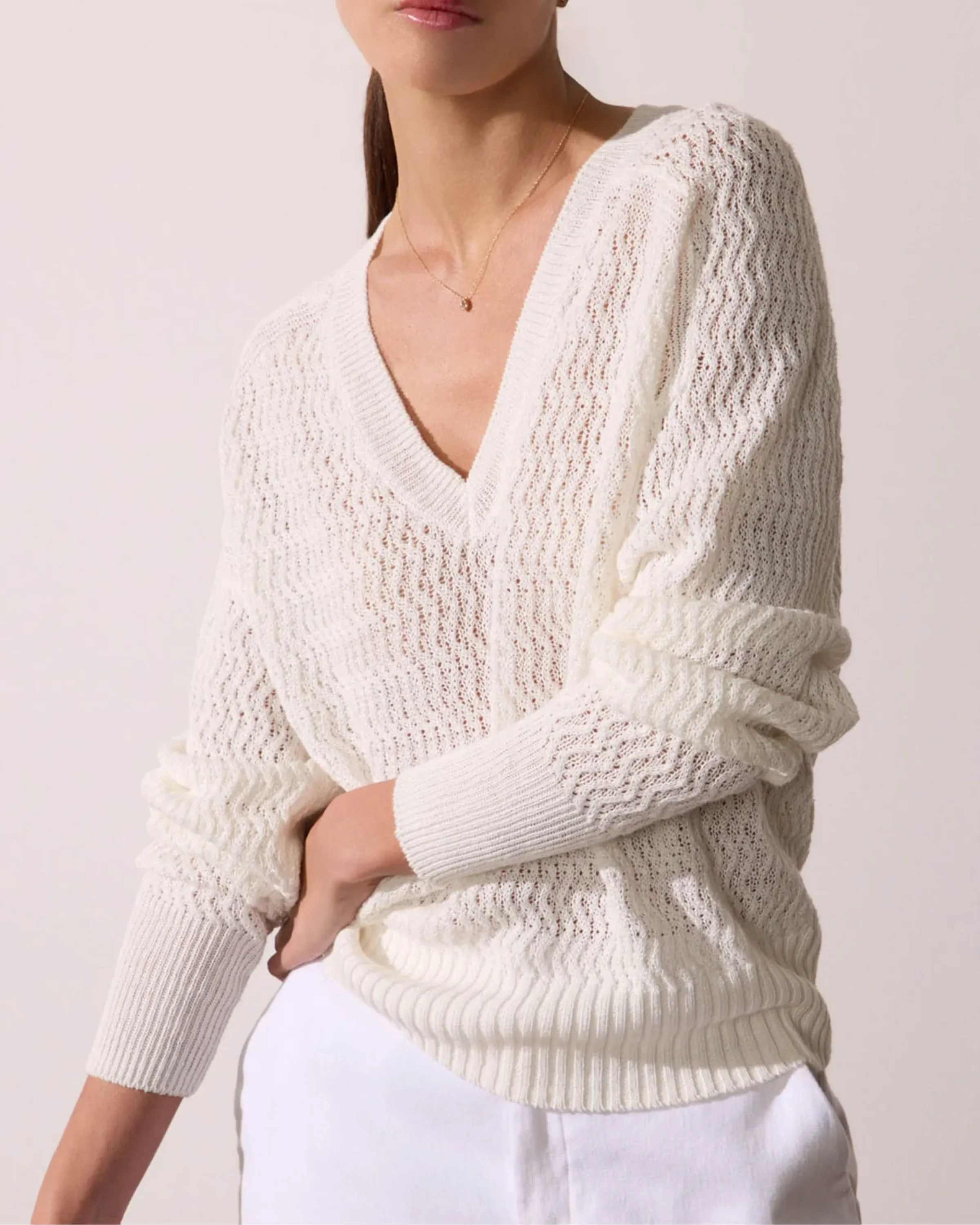 Brochu Walker Leia Open Stitch V-Neck Sweater in Pearl White