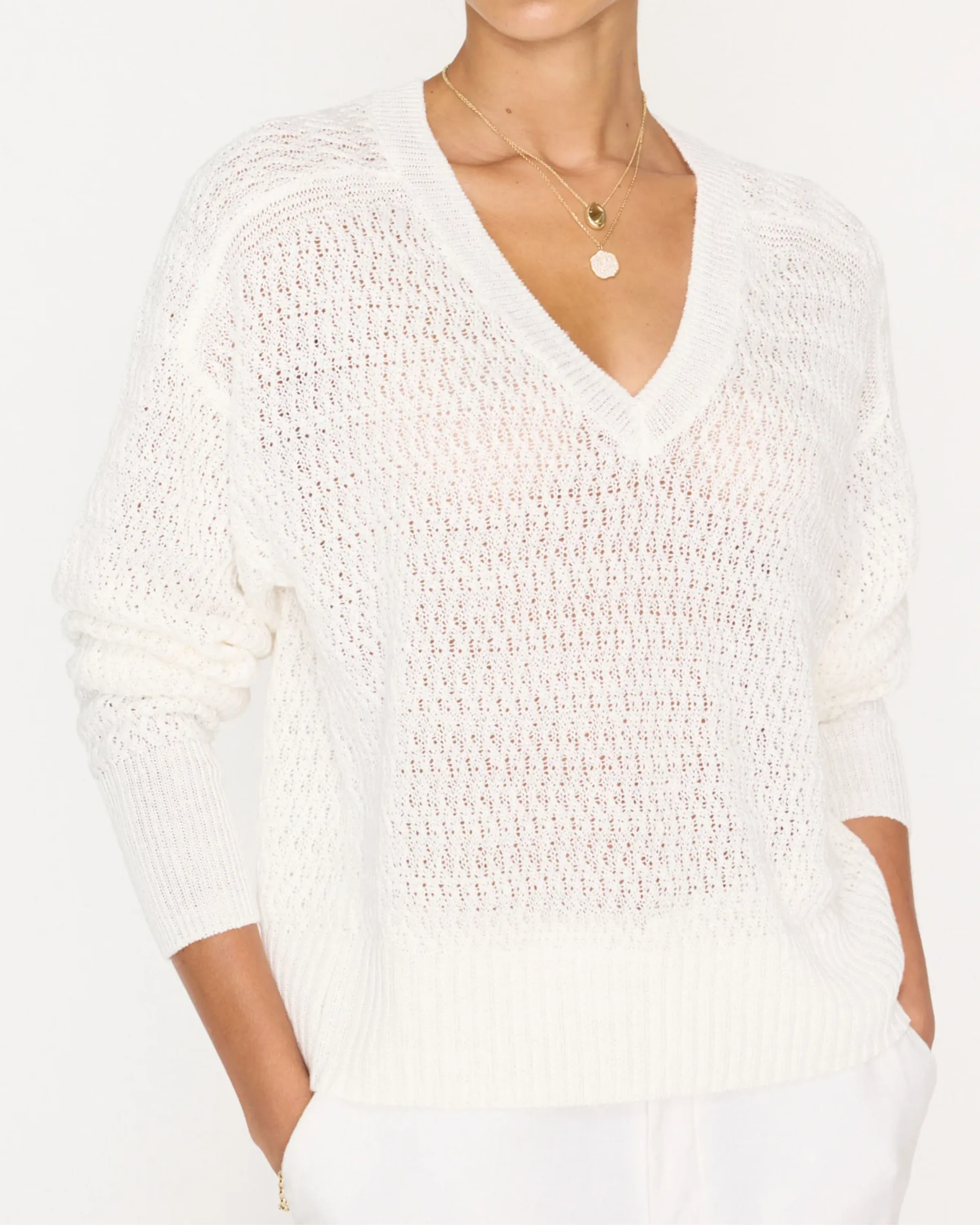 Brochu Walker Leia Open Stitch V-Neck Sweater in Pearl White