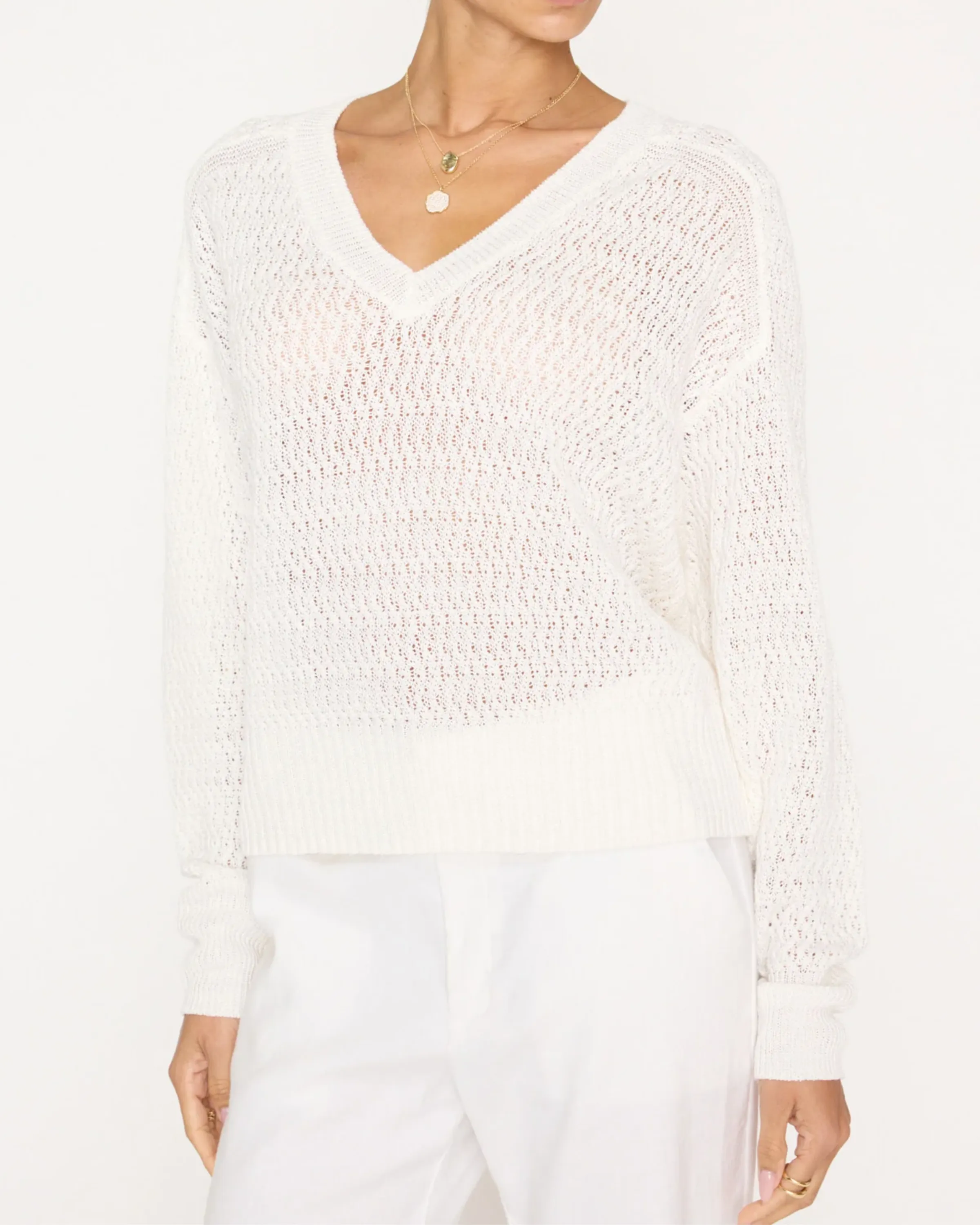 Brochu Walker Leia Open Stitch V-Neck Sweater in Pearl White