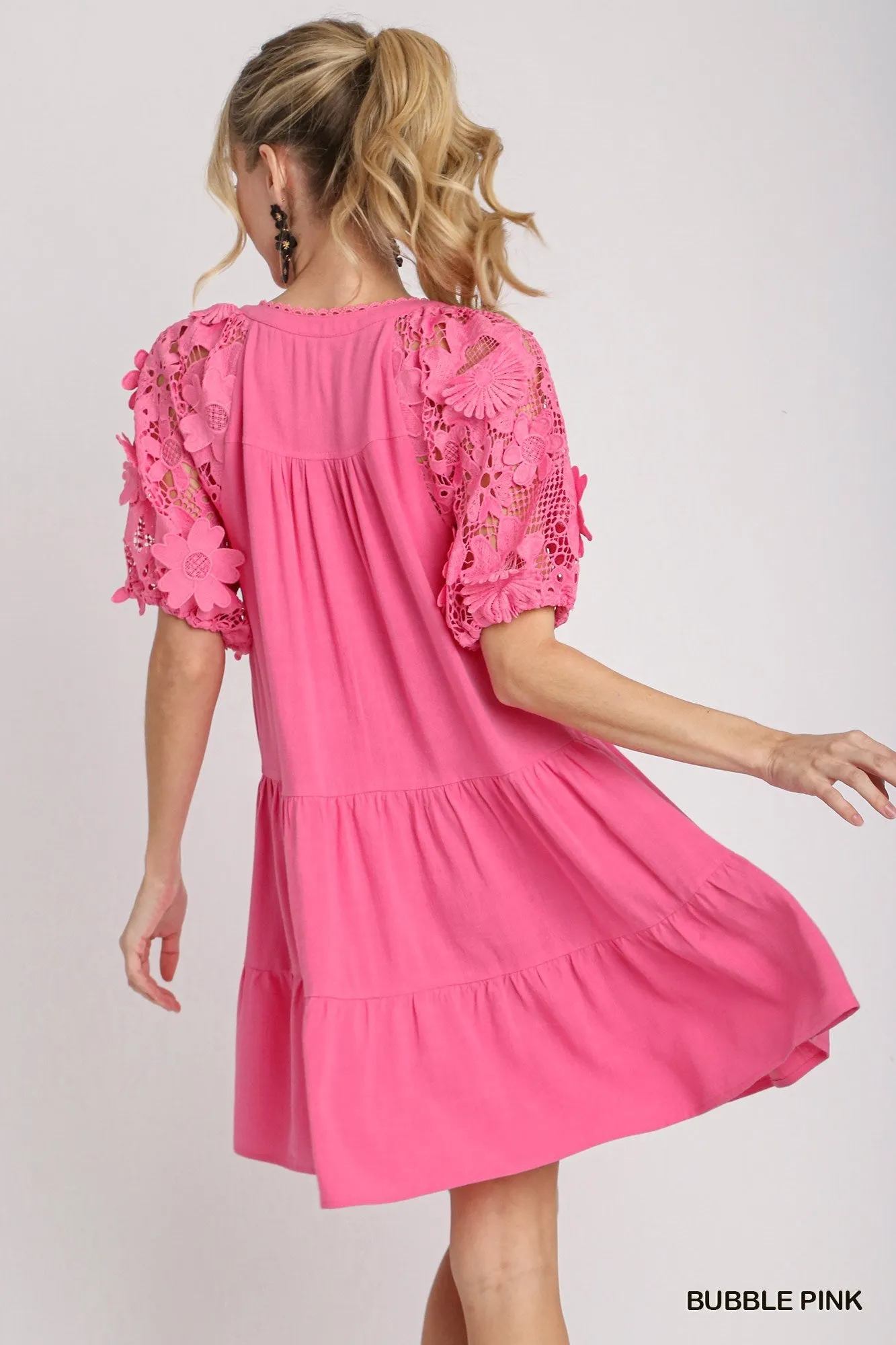 Bubble Gum Pink Linen Blend Tiered  Dress w/ Fabulous Sleeves