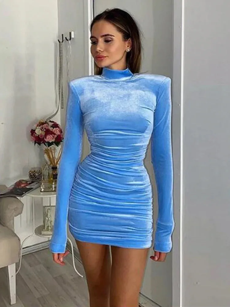 CNYIHSE Sexy Bodycon Velvet Mini Dress Women Autumn Long Sleeve High Neck Party Dresses Female Velvet Sheath Dress Robes Vestido