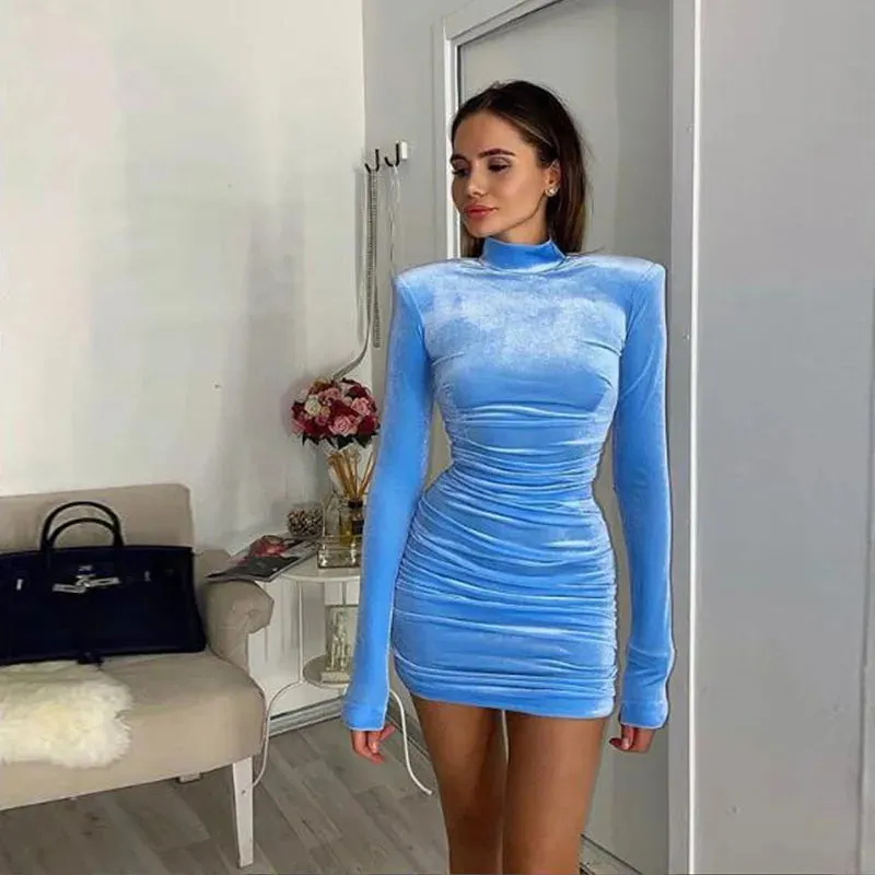 CNYIHSE Sexy Bodycon Velvet Mini Dress Women Autumn Long Sleeve High Neck Party Dresses Female Velvet Sheath Dress Robes Vestido