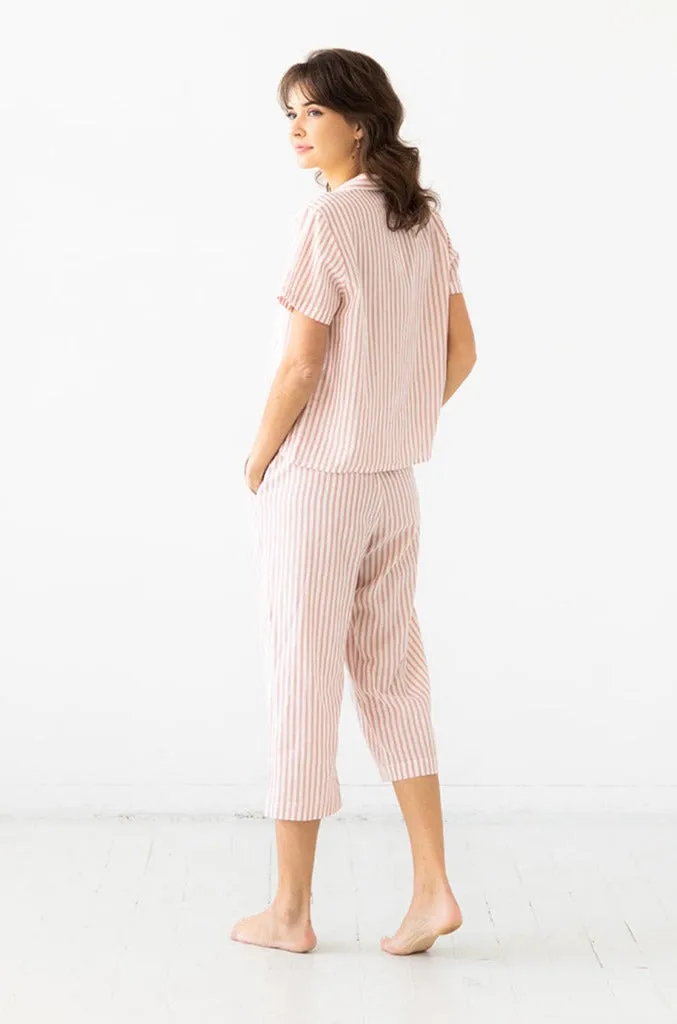 Cropped Button Down-High Waisted  Striped Capri