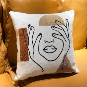 Embroidered Line Art Woman Face Cushion Cover