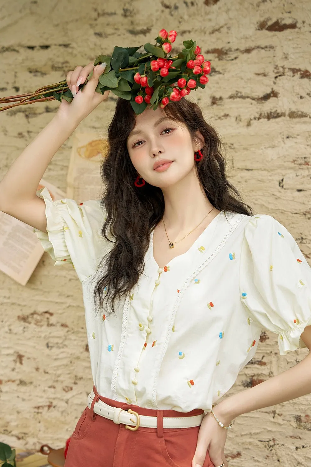 Embroidery Puff Sleeve Blouse for Women