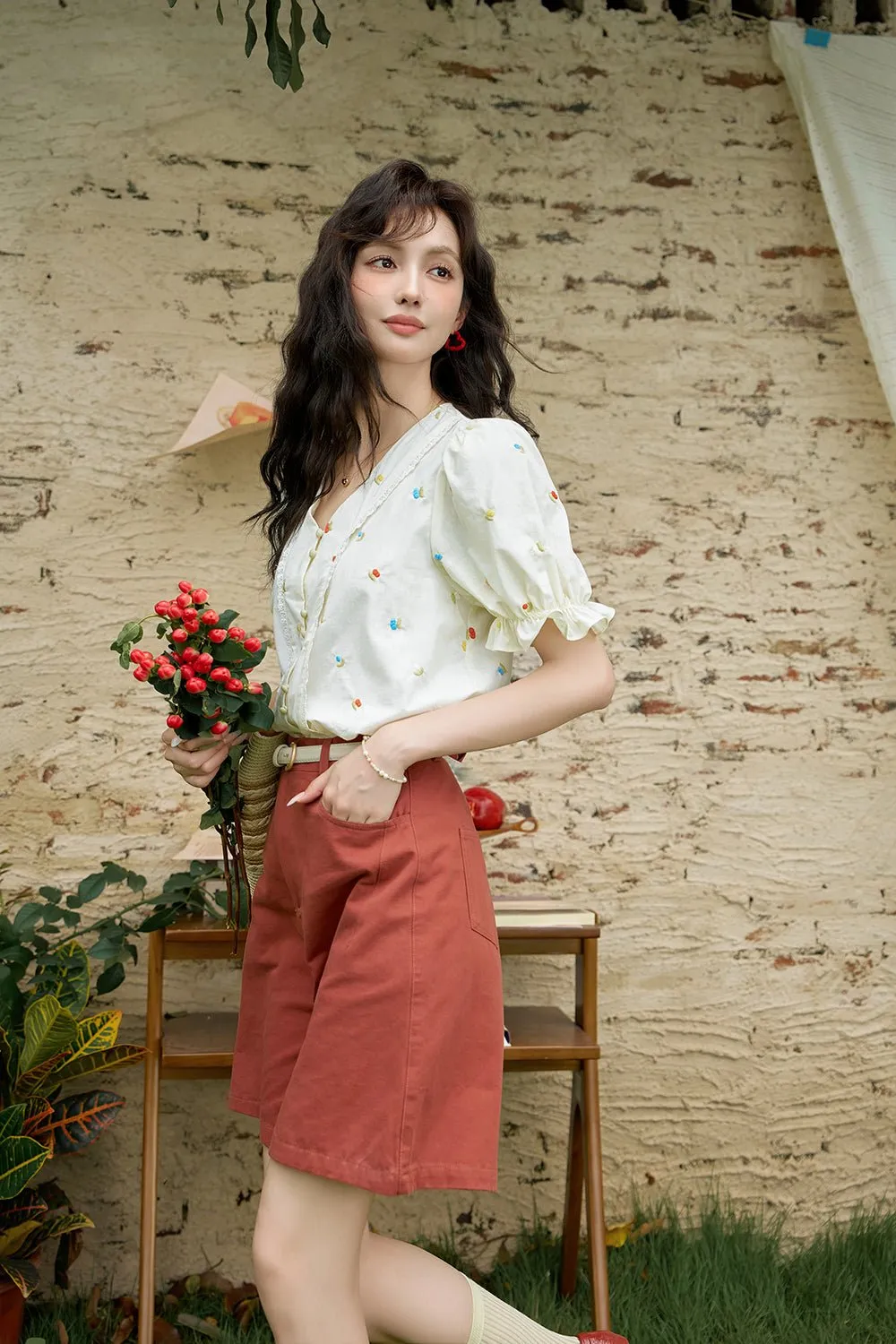 Embroidery Puff Sleeve Blouse for Women