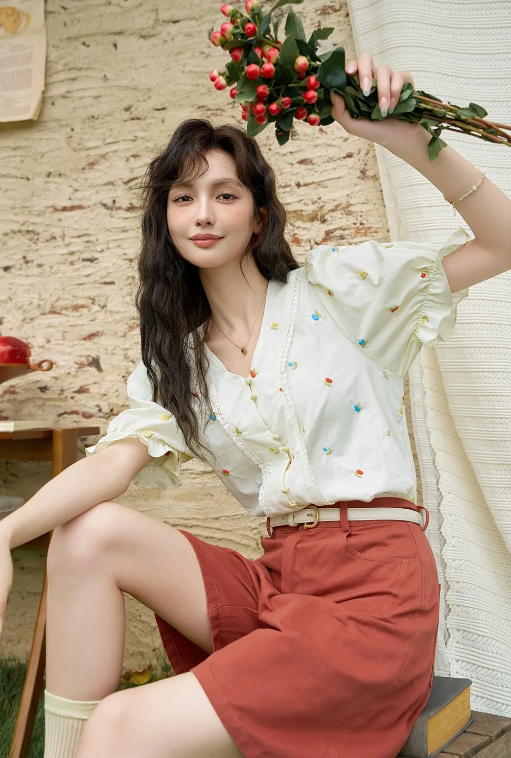 Embroidery Puff Sleeve Blouse for Women