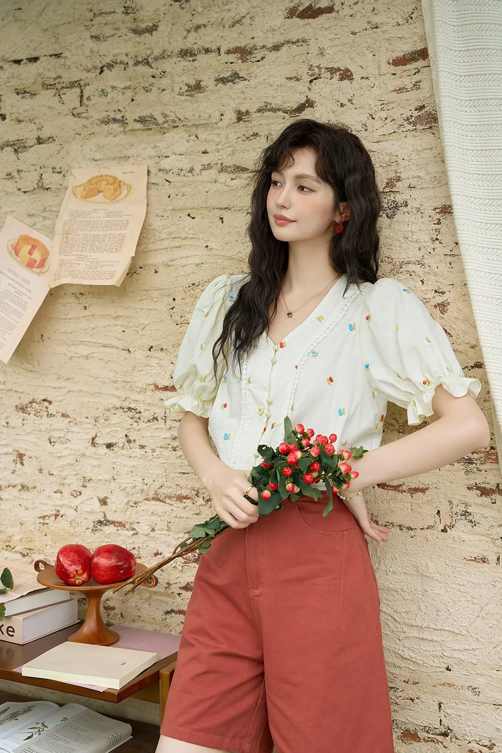 Embroidery Puff Sleeve Blouse for Women