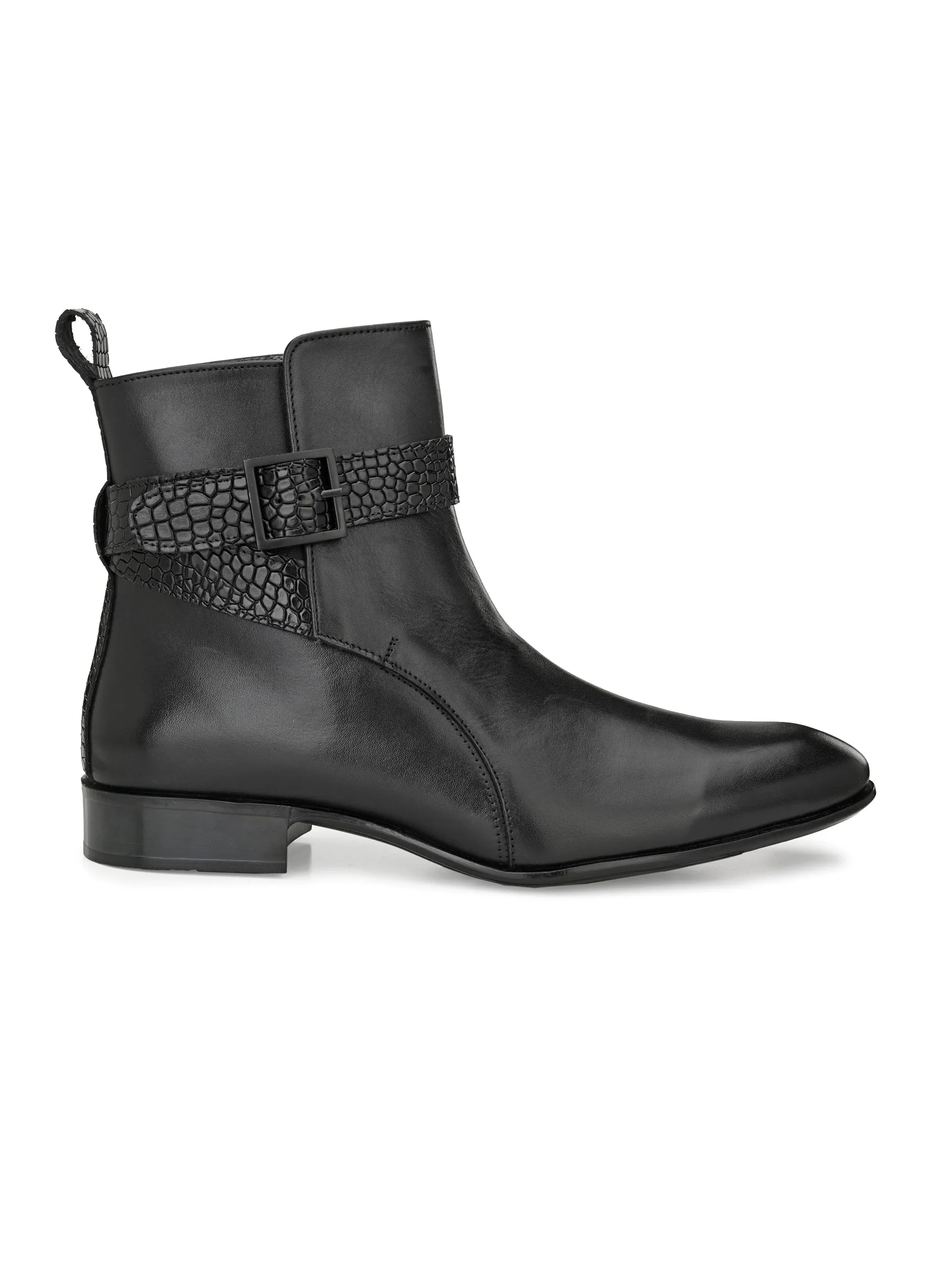 Hitz Men's Black Leather Boots with Buckle Closure