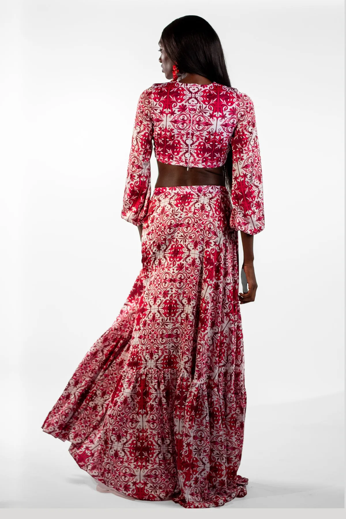 Layris Red Cropped Top Mosaic Print Maxi Skirt