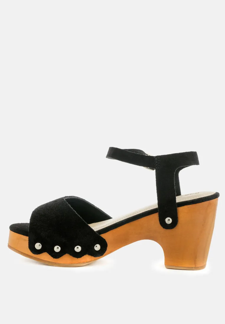 LIONA Black Studded Suede Wooden Clogs