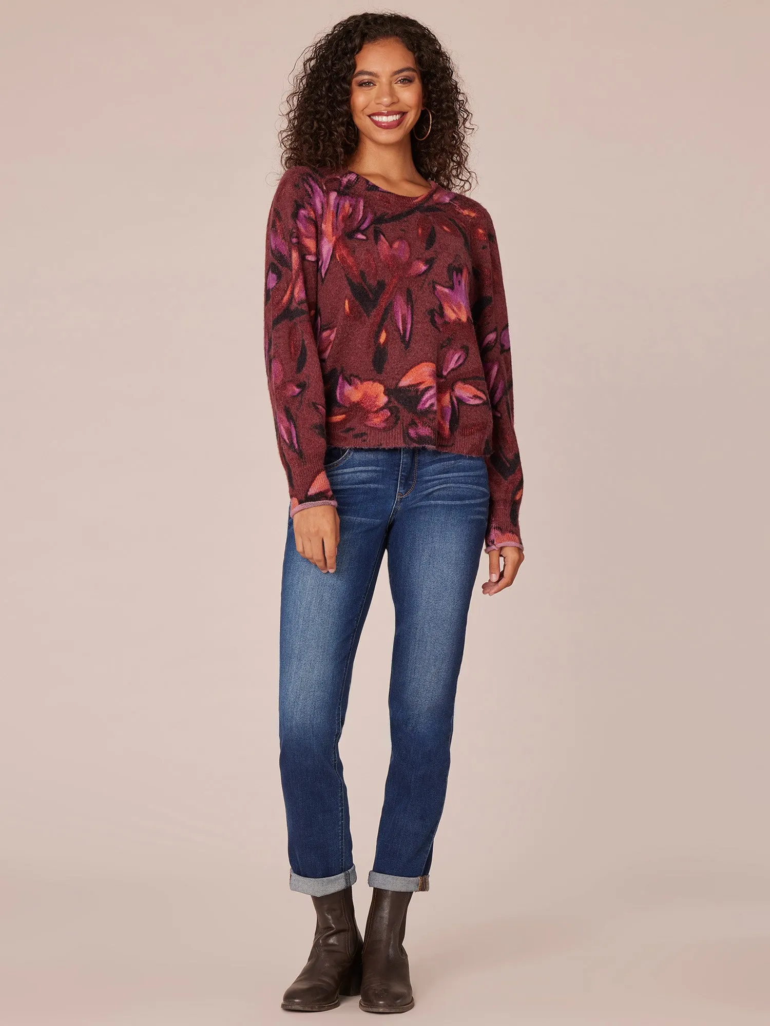 Long Puff Sleeve Round Neck Abstract Floral Print Sweater