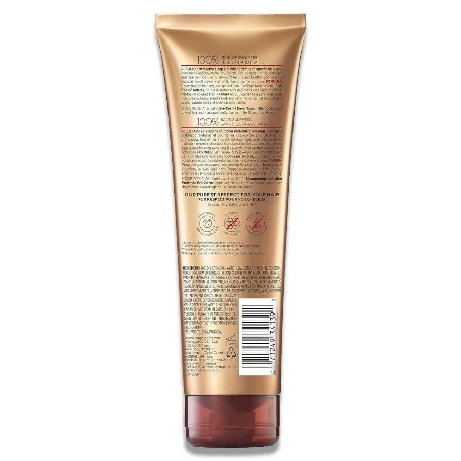 L'Oreal - Paris EverCreme Sulfate Free Conditioner, Deep Nourish, With Apricot Oil - 8.5 oz - 6 Pack