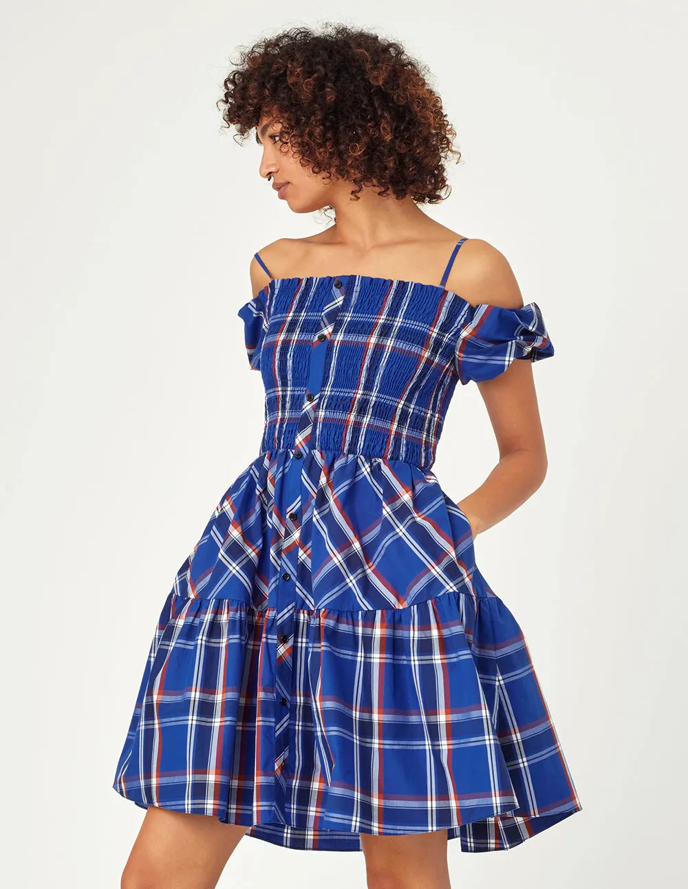 Mark Fast Hallie Mix Plaid Cold-Shoulder Gypsy Dress