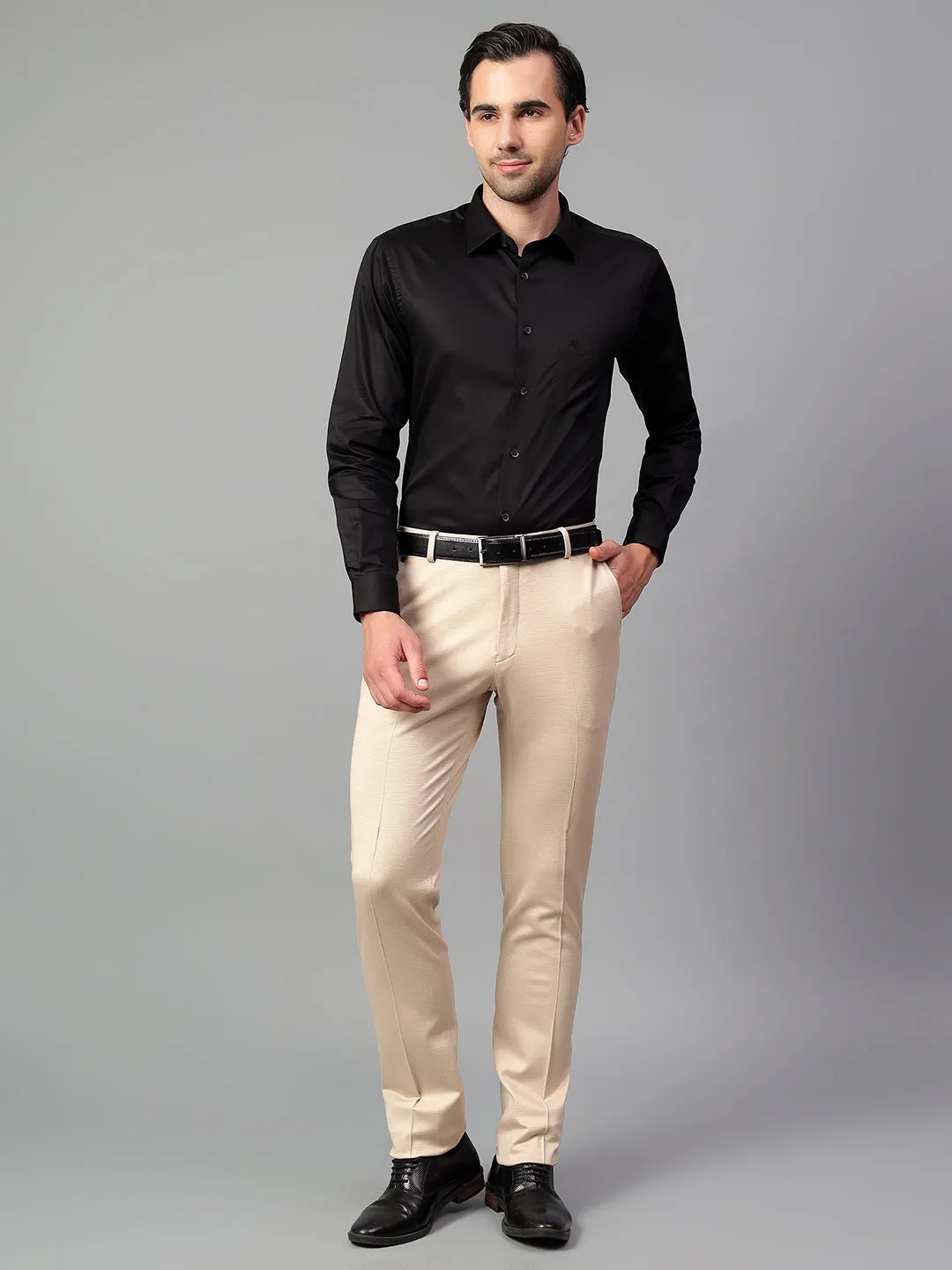 Men's Fawn Self Design Non-Pleated Formal Trouser