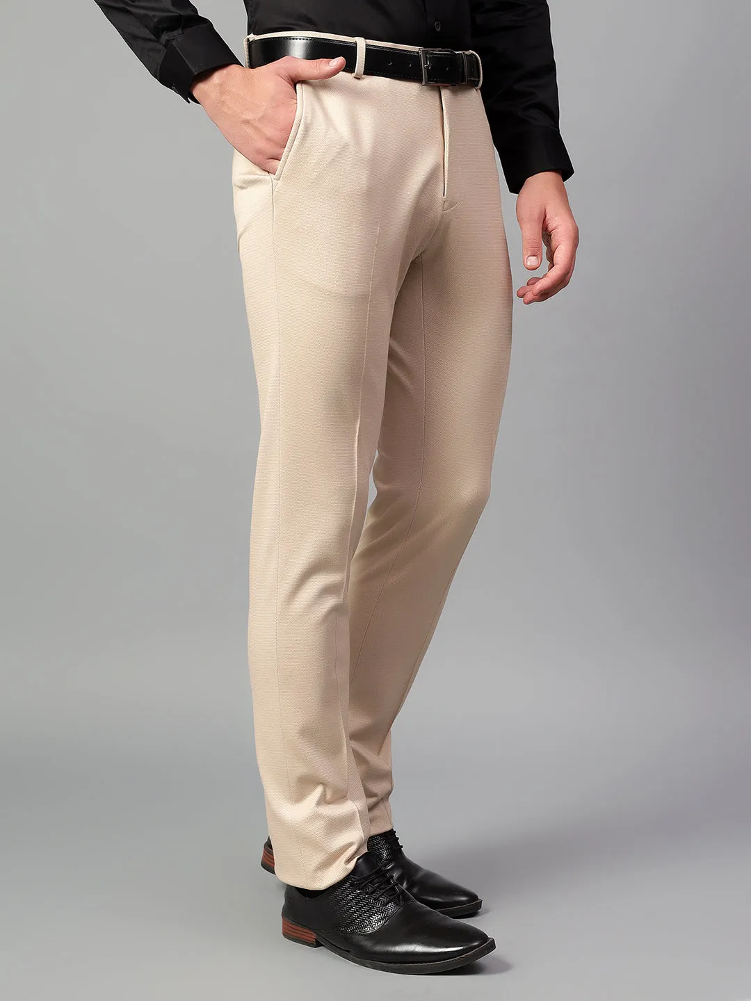 Men's Fawn Self Design Non-Pleated Formal Trouser