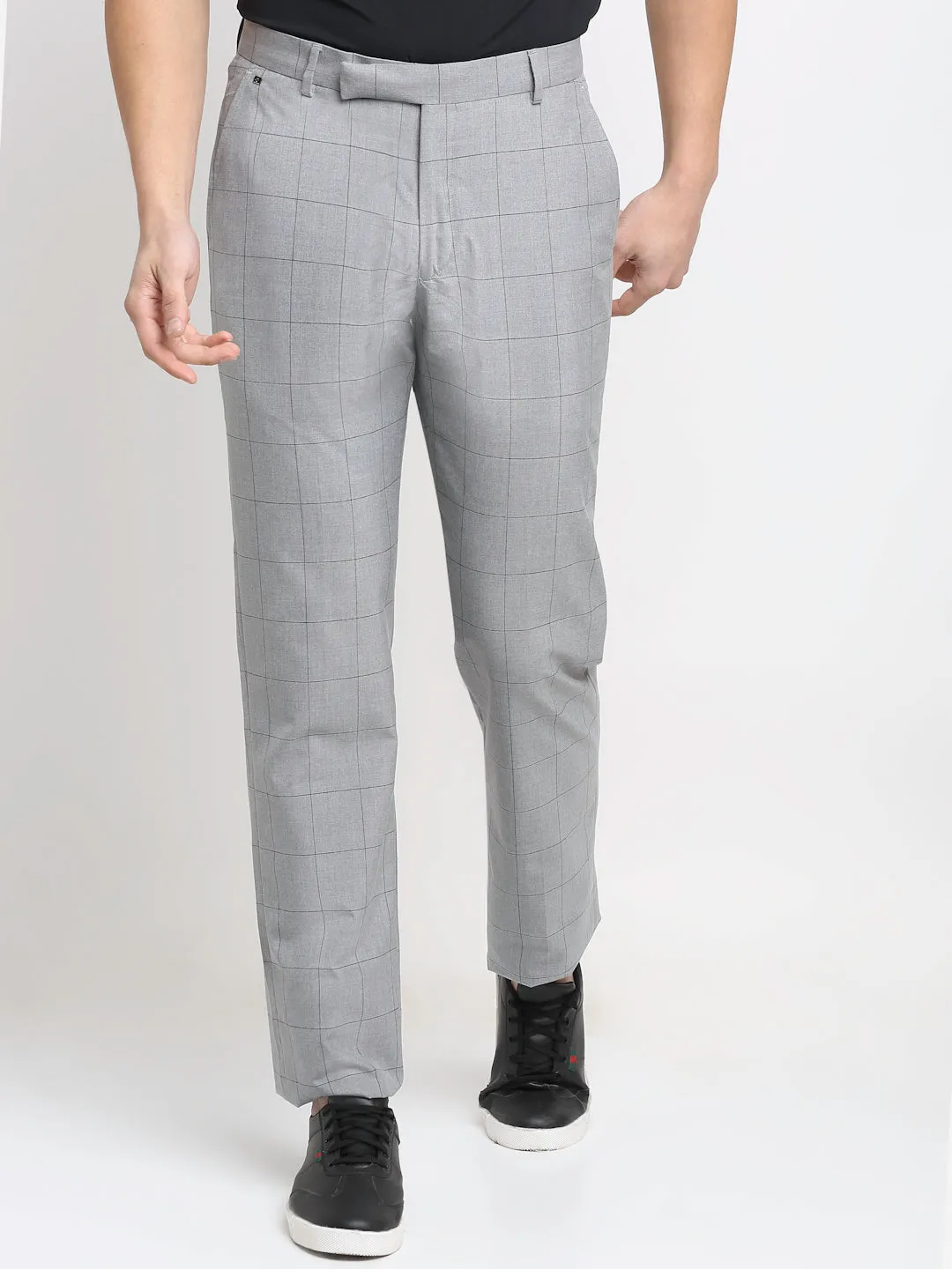 Men's Formal Flat front Grey Checks Trousers