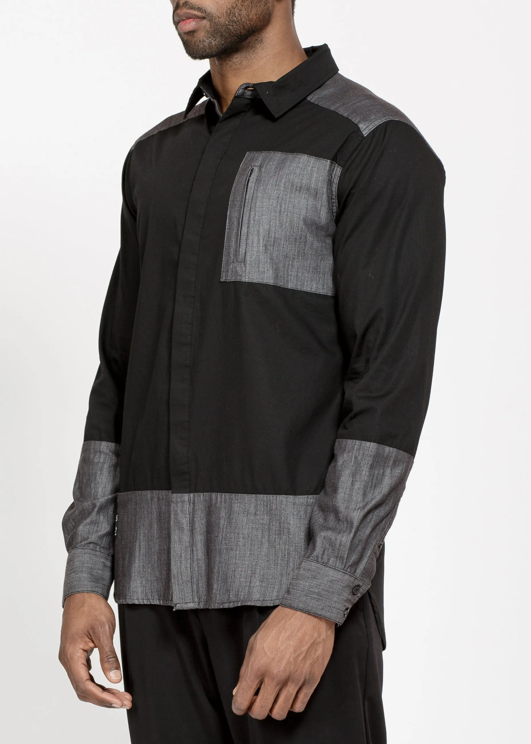 Men's Zip Pocket Button Up in Black