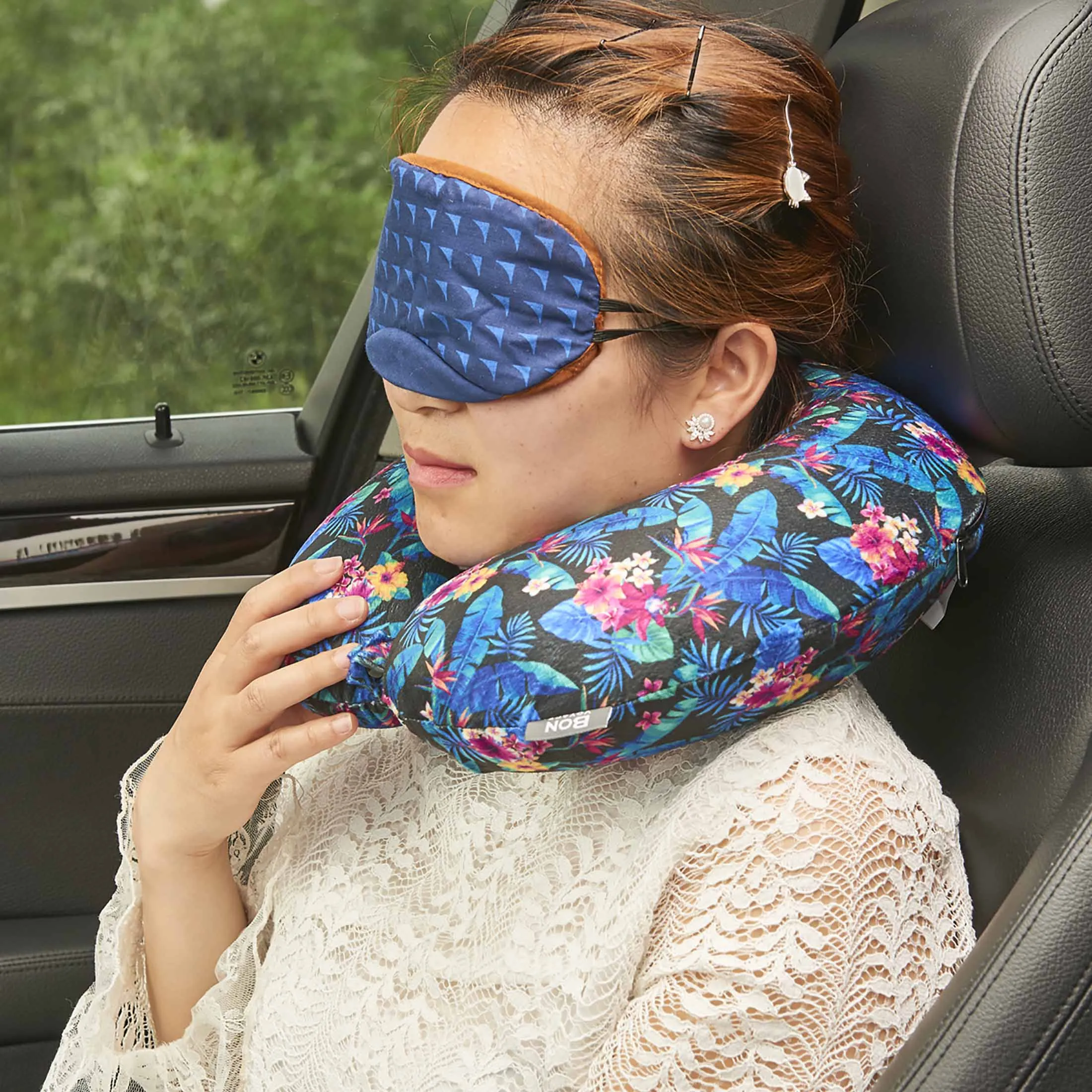 Midnight Jungle Memory Foam Travel Neck Pillow - Dark Blue